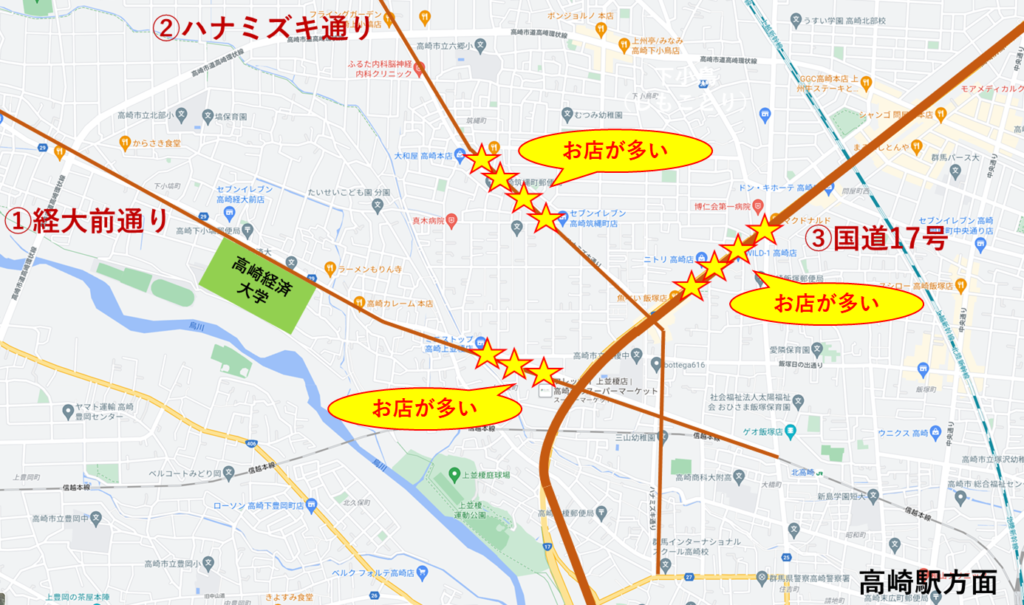 高崎経済大学と主要な３つの道路の位置関係